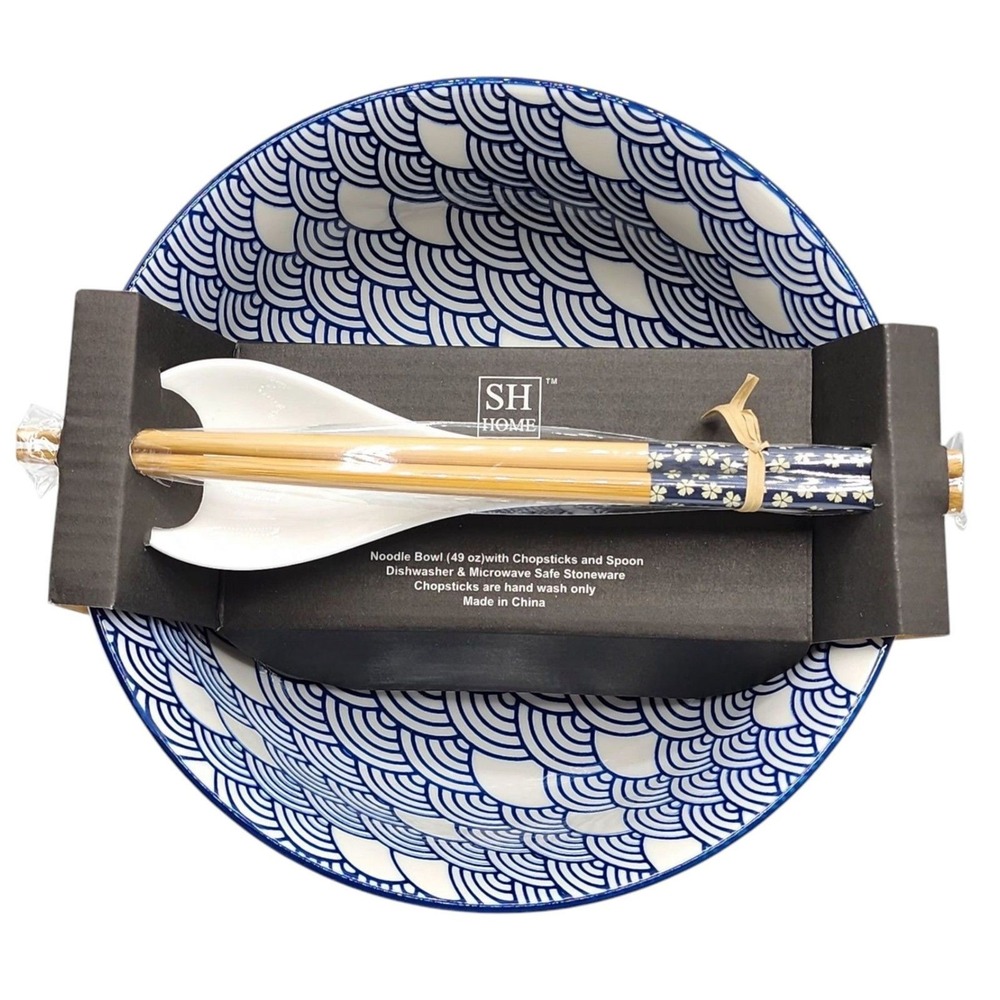 SH Home Waves Blue Ceramic Ramen Noodle Bowl 49oz With Chopsticks And Spoons 4pc